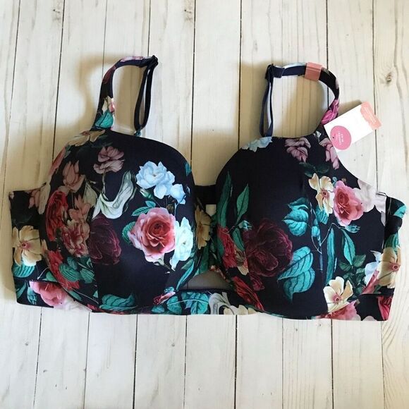 Cacique 48DDD underwire Balconette bra lined blue floral Lane Bryant New w/Tags - Picture 2 of 8